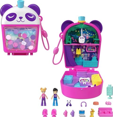 Colorful pink and purple playset shaped like a panda, featuring a bubble tea theme, includes mini dolls, accessories, and a compact design for easy storage and play.