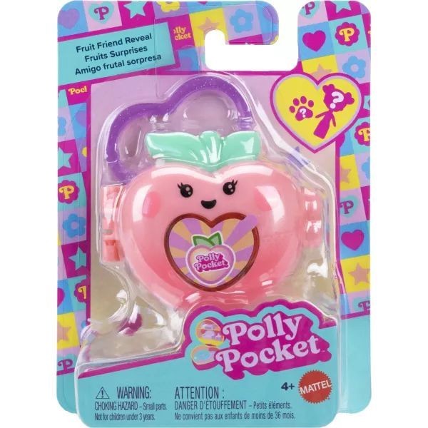 A pink, heart-shaped Polly Pocket toy resembling a fruit with a green leaf, packaged with colorful graphics and a warning label, featuring a playful design for kids aged 4 and up.