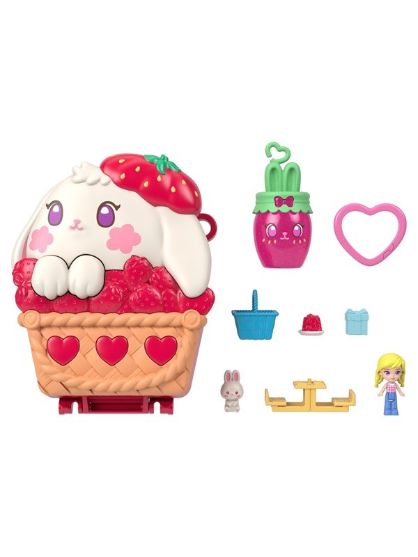 Colorful Polly Pocket Picnic Bunny Compact Playset features a white bunny with a strawberry on its head, a basket, and small accessories like a pink heart and figures.