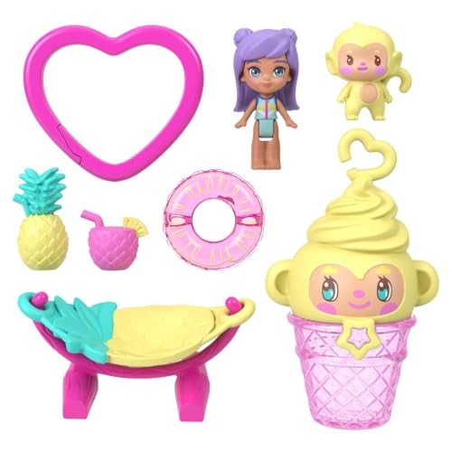 Colorful Polly Pocket Pineapple Monkey Playset featuring a purple-haired doll, a yellow monkey in a pink cup, pineapples, a drink, a donut float, and a heart-shaped accessory.