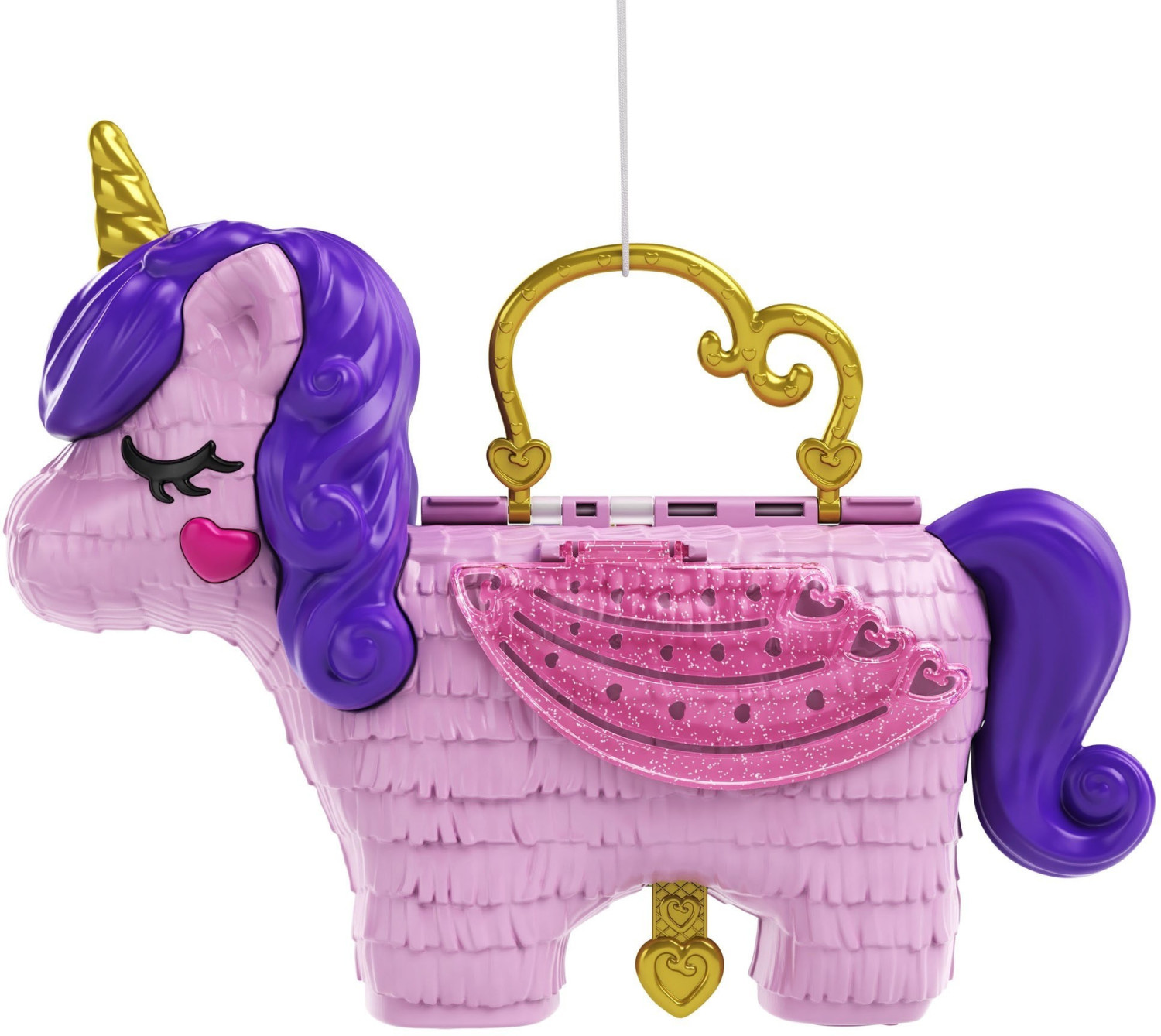 A pink unicorn-shaped playset with a golden horn, purple mane, and a glittery pink cape, featuring a handle for carrying and a heart-shaped lock.