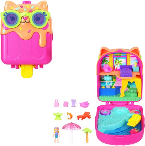 Bright pink compact shaped like a kitty popsicle, featuring colorful accessories like a pool, palm trees, and a miniature figure, with vibrant sunglasses and a dripping design.