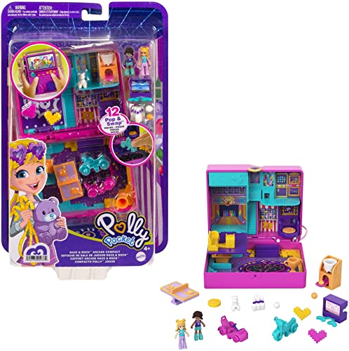 Compact playset featuring a vibrant purple and teal arcade theme with 12 interchangeable pieces, including mini dolls, arcade machines, and accessories for imaginative play.