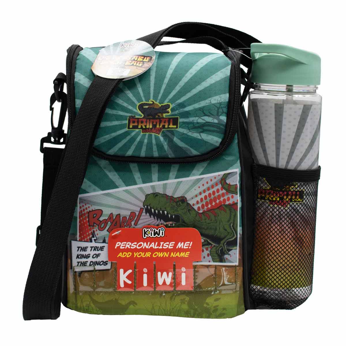 Customisable green lunch bag featuring a dinosaur design, adjustable shoulder strap, and mesh pocket holding a matching water bottle, with a name tag area for personalization.