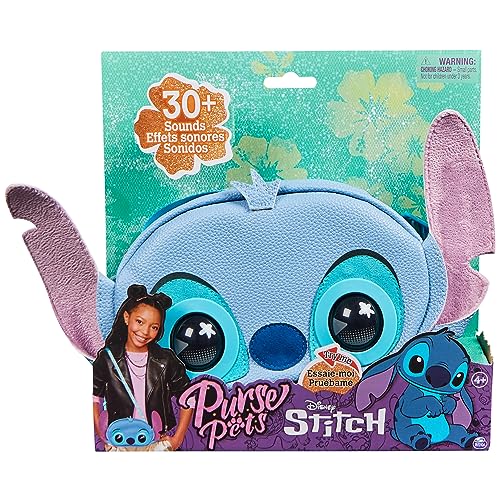 Interactive Stitch purse in light blue with large expressive eyes, pink ears, and a soft material; features over 30 sounds, packaged with a colorful background.
