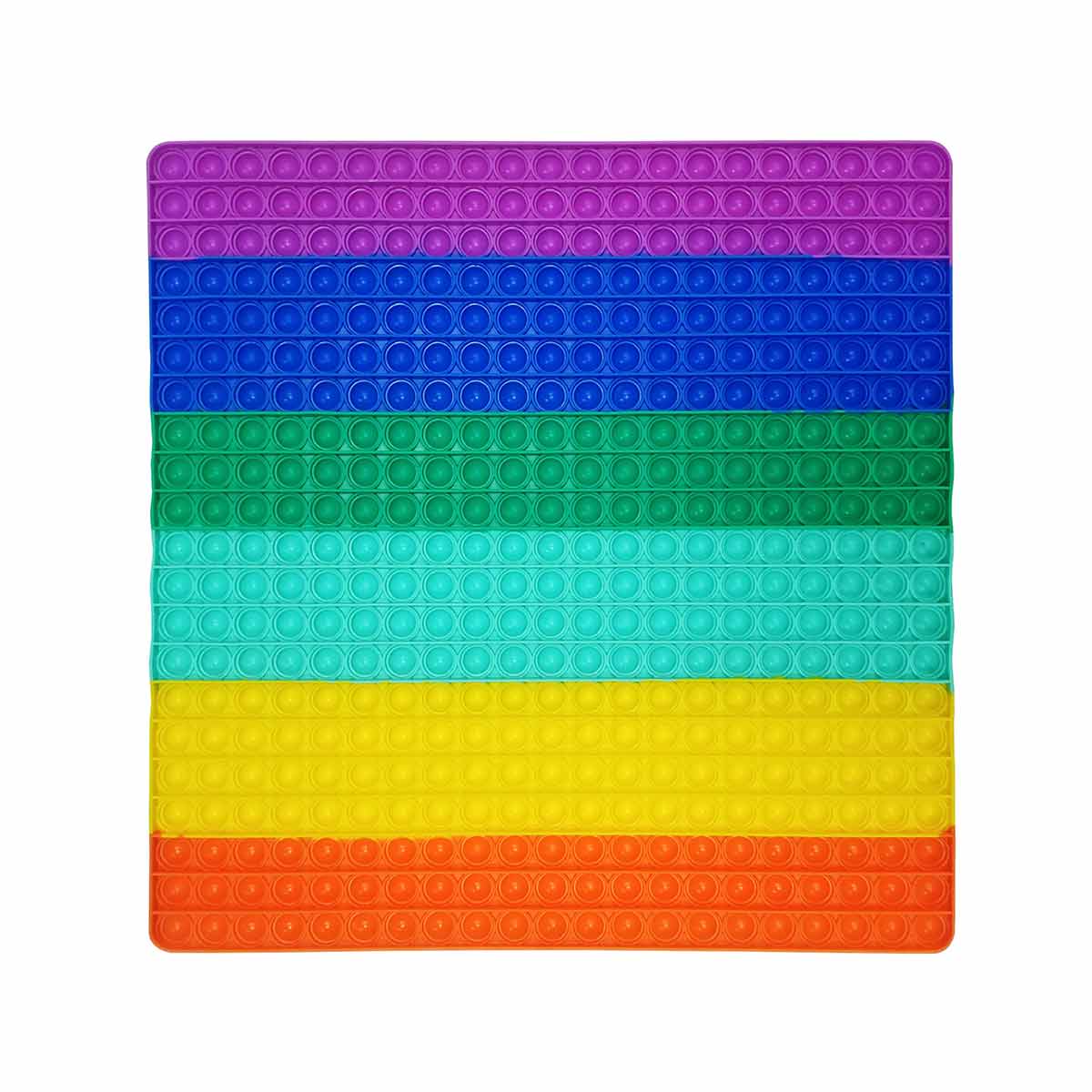 Colorful silicone fidget toy mat featuring multiple rows of push pop bubbles in vibrant shades of purple, blue, green, yellow, and orange, designed for sensory play.