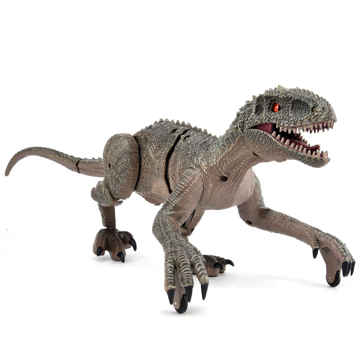 Grey remote control dinosaur with textured skin, red eyes, and movable limbs, featuring sharp claws and a roaring sound effect, designed for interactive play.
