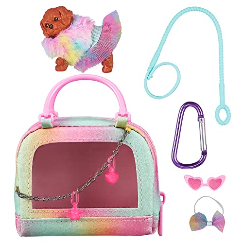 Colorful pastel mini handbag with a clear front, featuring a chain with heart charms, a fluffy rainbow dog figure, sunglasses, a hair bow, and a clip.