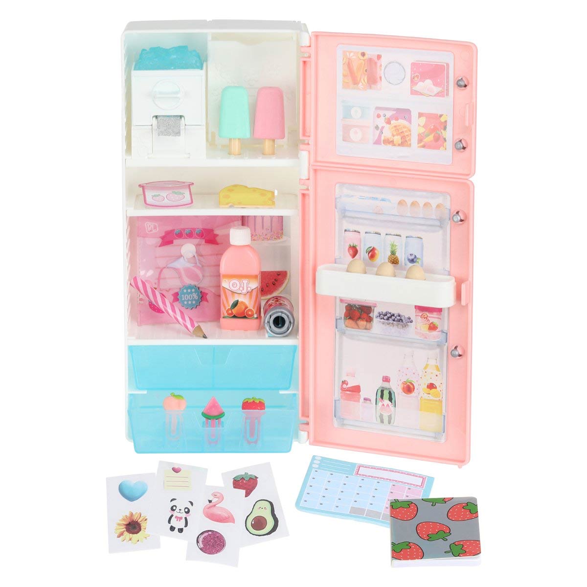 Mini fridge stationery set in pastel pink and blue, featuring tiny stationery items like ice pops, drinks, and stickers, with a fun, playful design and functional doors.