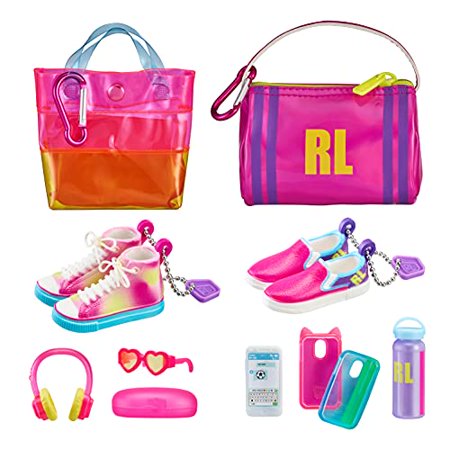 Colorful sneaker and bag set featuring a pink and orange transparent tote, a pink pouch with "RL" logo, pastel gradient sneakers, heart-shaped sunglasses, headphones, and accessories.
