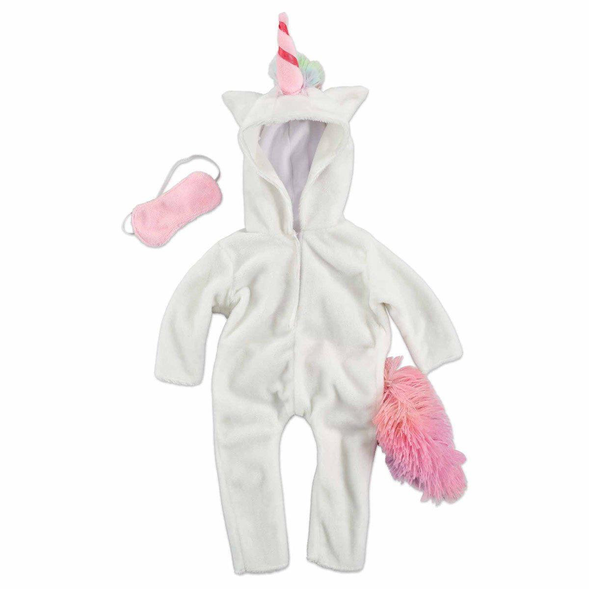 Cute all-in-one unicorn outfit in soft white fabric, featuring a colorful horn, ears, and a fluffy pink tail, accompanied by a matching sleep mask.