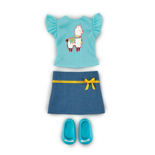 Teal top with ruffled sleeves featuring a llama graphic, paired with a denim skirt with a yellow ribbon and matching teal shoes.