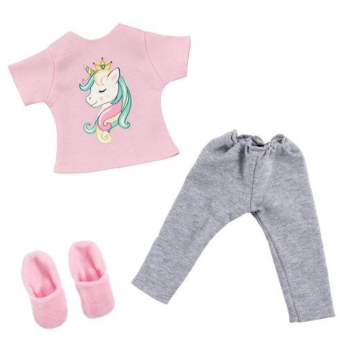 Pink unicorn-themed top with a crown, gray pajama pants, and soft pink slippers, all made from cozy materials, designed for dolls.