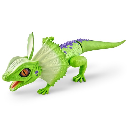 Green robotic lizard toy with a frilled neck, vibrant purple accents, and realistic eyes, made of plastic, designed to mimic natural movements.