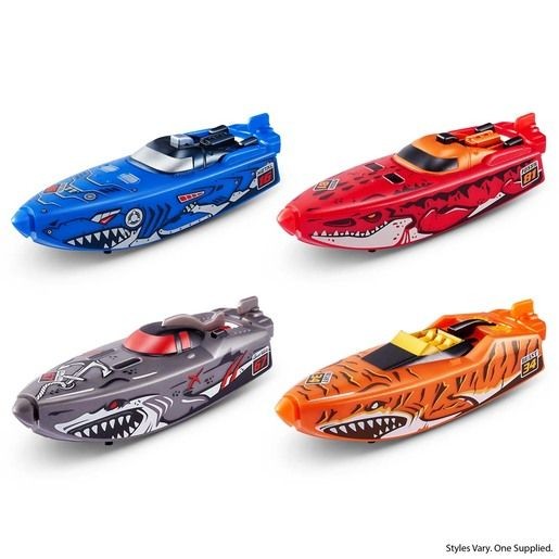 Four colorful Robo Alive Robo Boats by ZURU in blue, red, gray, and orange, featuring shark designs and detailed patterns, made of durable plastic.