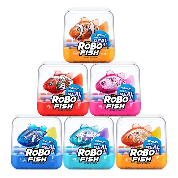 Six transparent containers each hold a colorful, battery-operated swimming fish in various colors, including orange, blue, pink, and red, designed for water play.