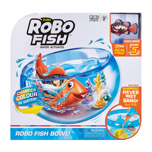 Bright orange robotic fish in a clear fishbowl playset, featuring colorful underwater decorations and a label highlighting water-activated swimming and color-changing features.