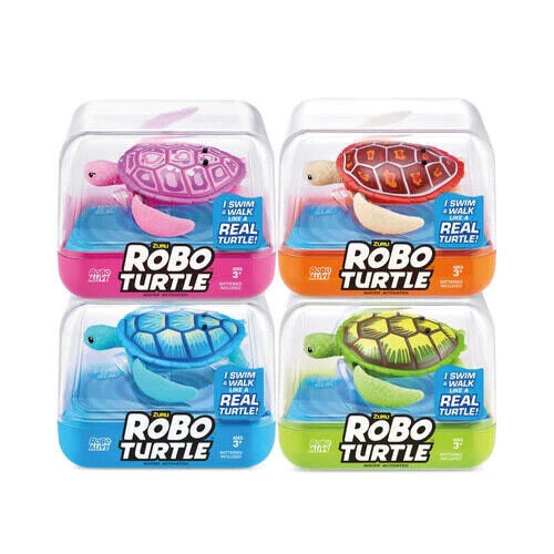 Four colorful Robo Alive Robo Turtles in clear packaging: pink, blue, orange, and green, each with distinct shell designs and a swimming feature.