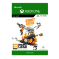 Rocket Arena Mythic Edition for Xbox One features vibrant artwork with characters in action, a green and black case, and includes age rating and game details prominently displayed.