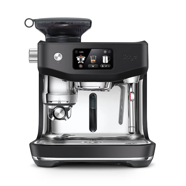 Sage Oracle Jet Coffee Machine in Black Truffle, featuring a sleek black body, stainless steel accents, a digital display, and a built-in grinder for espresso preparation.