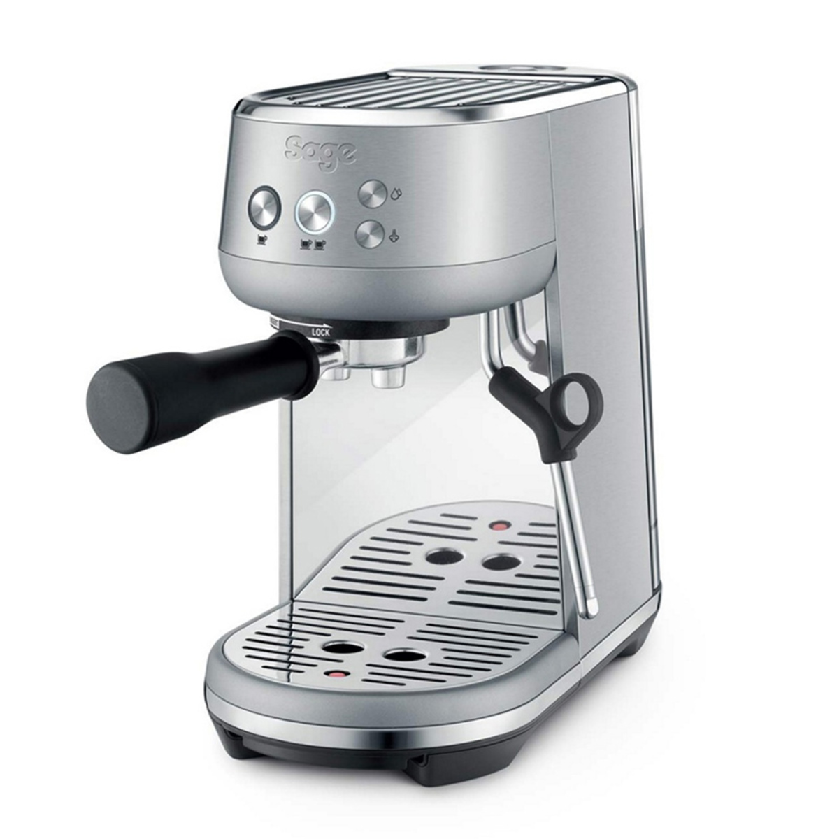 Sage Bambino Espresso Coffee Machine in stainless steel features a sleek design, a black portafilter handle, and a compact footprint with a brushed metal finish.