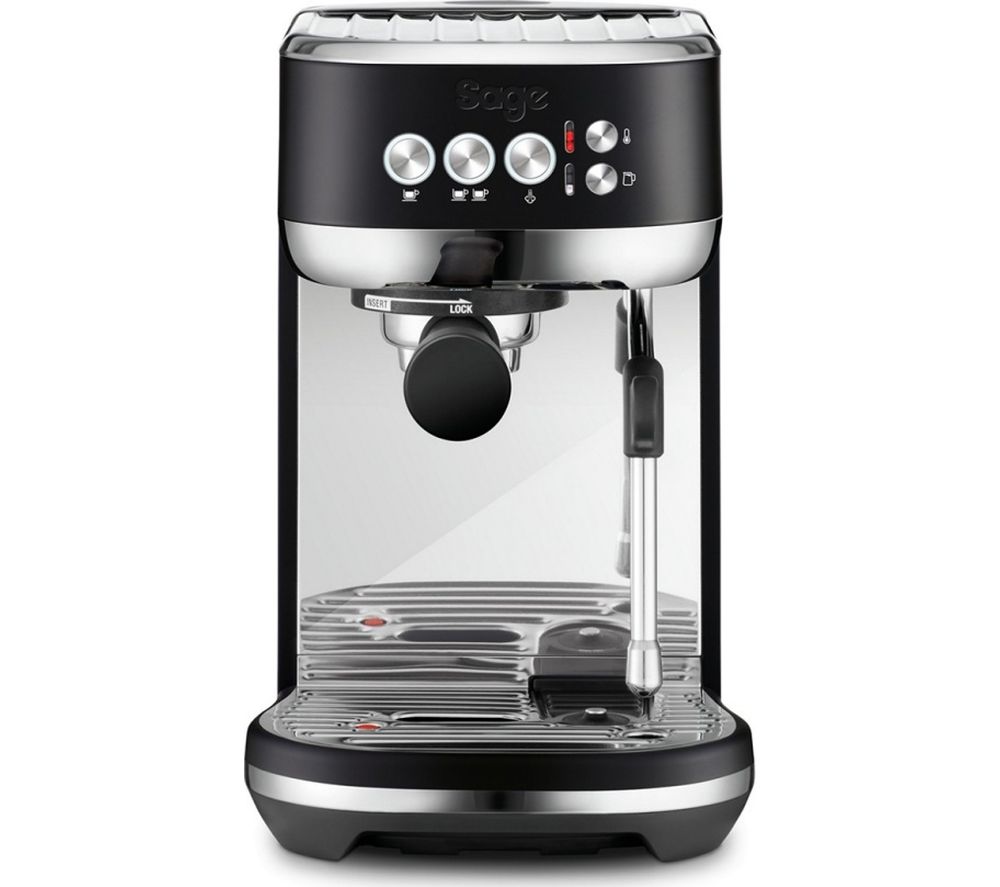 Sage the Bambino™ Plus SES500BTR espresso machine in black, featuring a polished chrome portafilter, three control knobs, and a steam wand on a stainless steel drip tray.