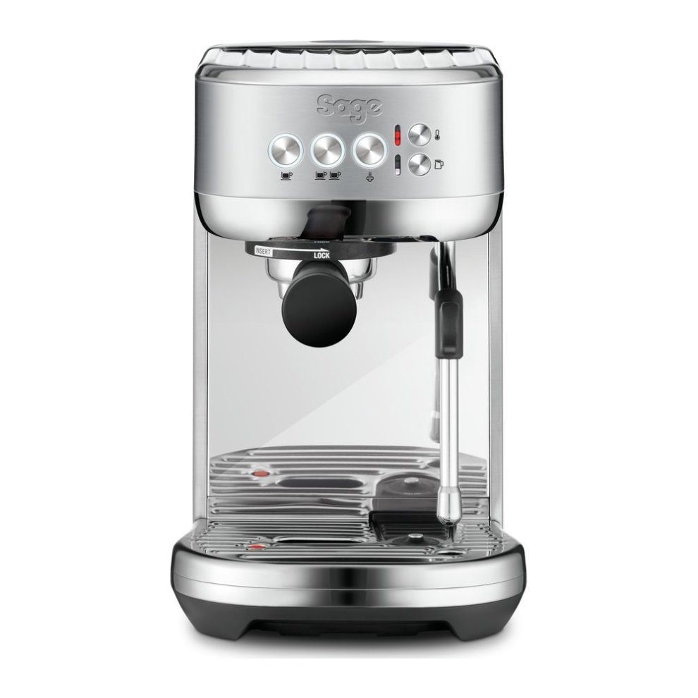 Sage SES500 Bambino Plus Coffee Machine in stainless steel features a sleek design, control knobs, a steam wand, and a compact footprint, ideal for home brewing.