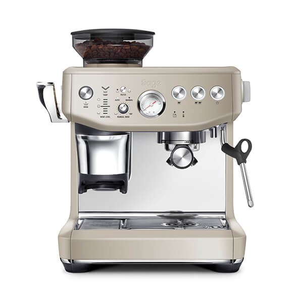 Sage Barista Express Impress coffee machine in almond nougat color, featuring a stainless steel portafilter, built-in grinder, steam wand, and a clear bean hopper on top.