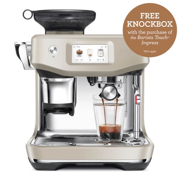 Sage Barista Touch Impress Coffee Machine in Almond Nougat color features a sleek design, touchscreen display, and includes a free Knockbox with purchase.