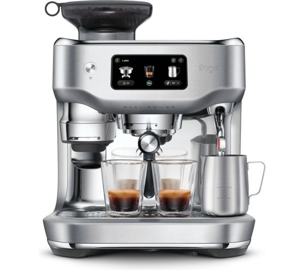Sage SES995BSS espresso machine in brushed stainless steel, featuring dual boiler, touchscreen controls, and two espresso shots being brewed into clear glasses.