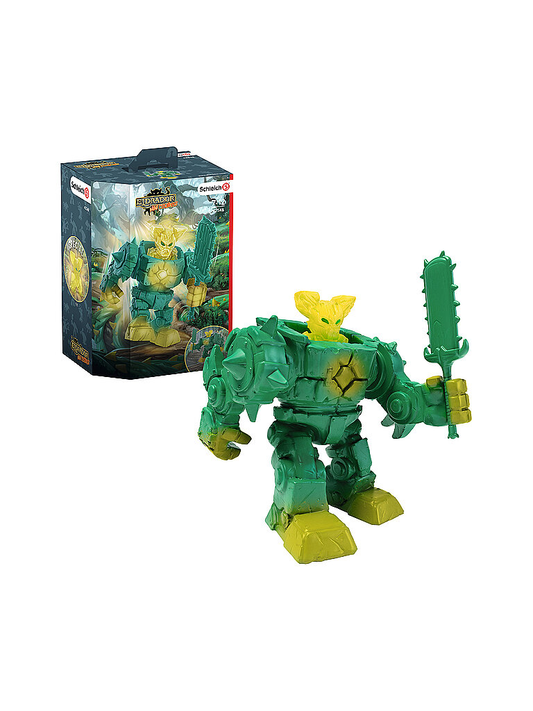 Green jungle robot action figure with yellow accents, holding a spiked sword, stands beside its colorful packaging featuring jungle-themed artwork.