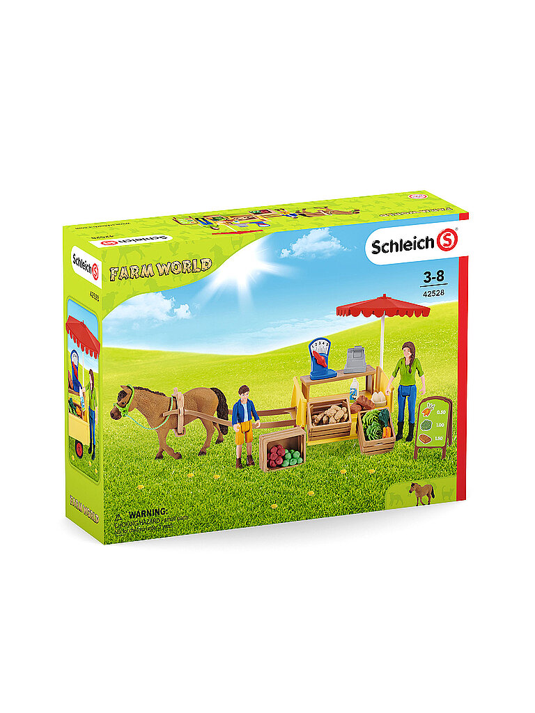 Colorful playset featuring a mobile farm stand with red canopy, wooden carts filled with fruits and vegetables, a horse, two figures, and a dog, set against a sunny green landscape.