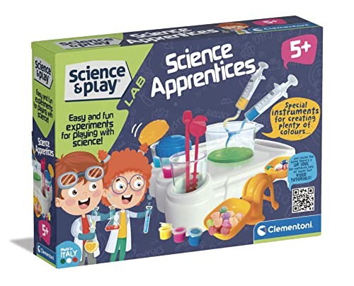Colorful box featuring two cartoon children in lab coats, surrounded by test tubes, syringes, and a lab setup, labeled "Science & Play Lab Science Apprentices Kit" by Clementoni.