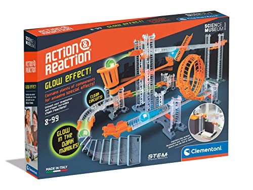 Colorful playset featuring glow-in-the-dark marbles, ramps, and tracks, designed for STEM learning, with a vibrant orange and gray color scheme and various interactive components.