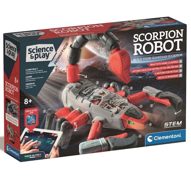 Clementoni Scorpion Robot kit in a colorful box featuring a red and gray robotic scorpion design, highlighting STEM learning and interactive features.