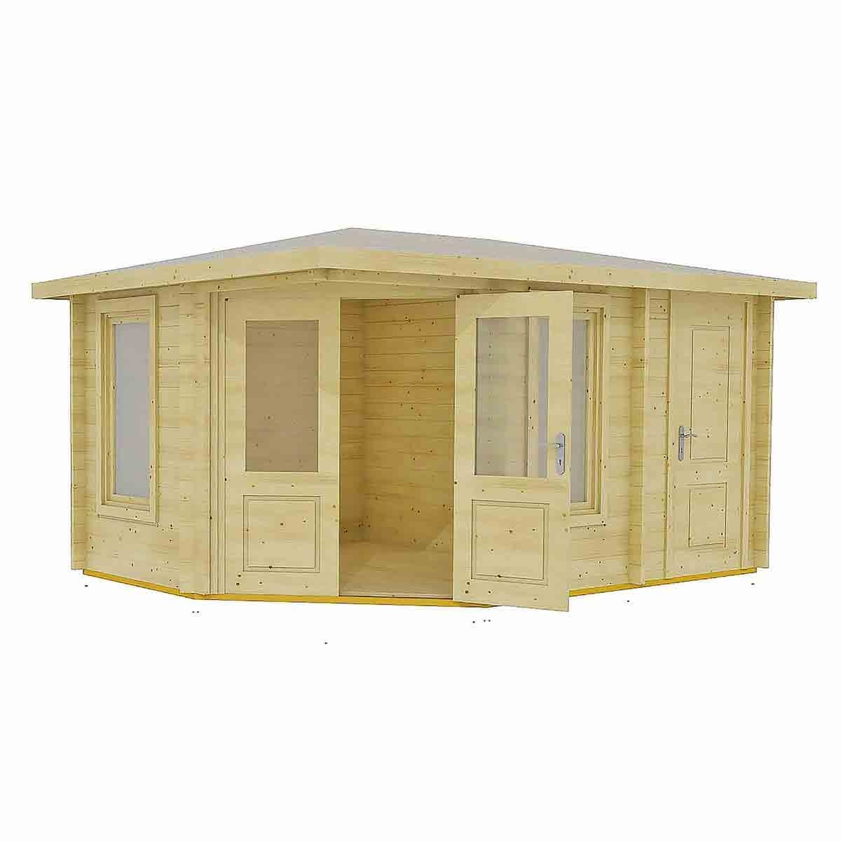 Brown log cabin with a flat roof, featuring large double doors and multiple windows, made of 44 mm thick timber, designed for garden use.