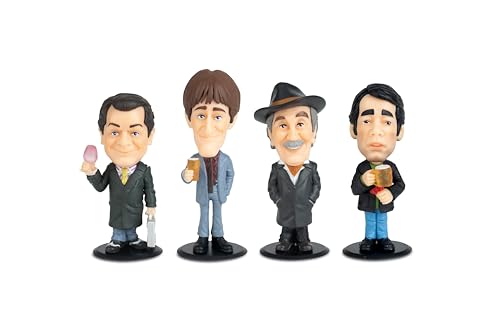 Four bobblehead figures from "Only Fools and Horses": Delboy holding a drink, Rodney in a suit, Grandad with a smile, and Trigger with a beer, all on black bases.