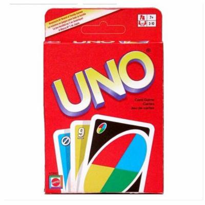 Red cardboard box containing UNO cards, featuring colorful numbered cards in blue, yellow, green, and red, with a prominent "UNO" logo on the front.