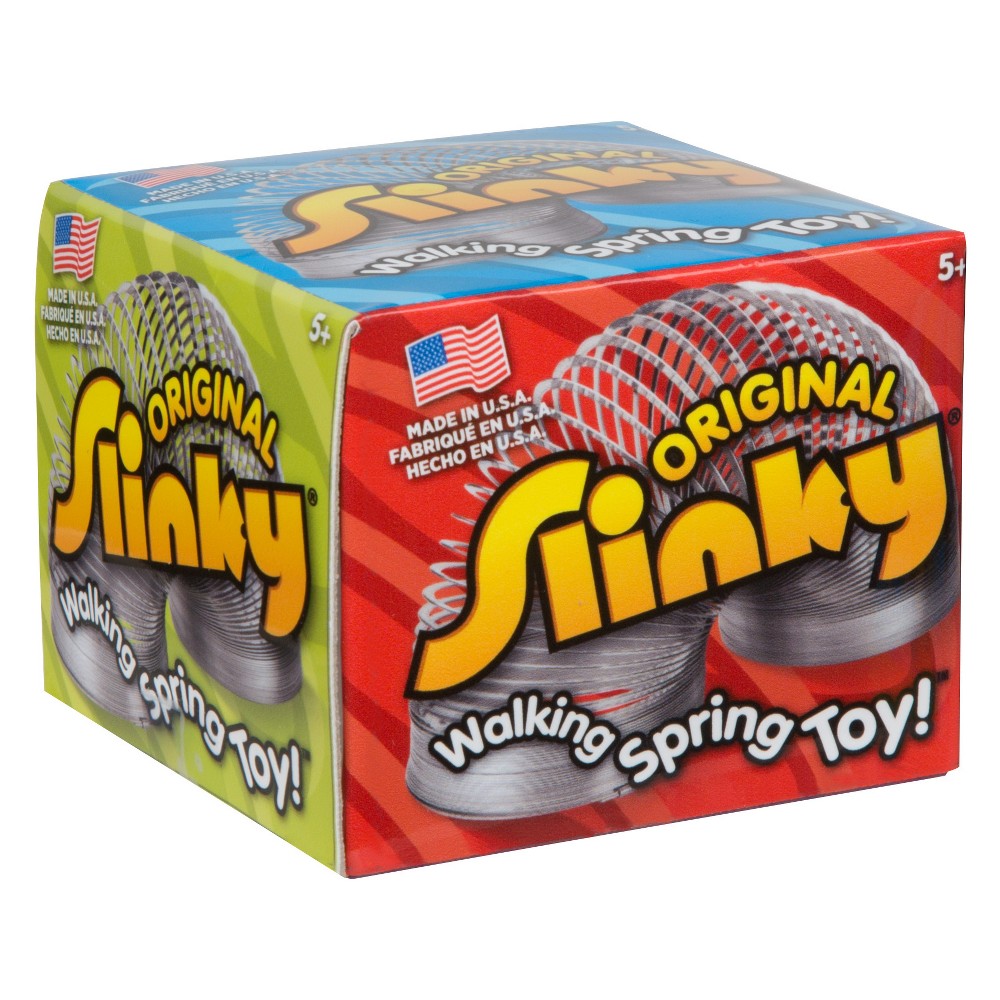 Colorful box featuring the "Slinky Original Fidget Toy" with a metallic spring design, labeled in bold yellow and red, highlighting its fun and playful nature.