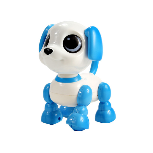 White and blue electronic dog toy with large black eyes, movable limbs, and a playful design, made of durable plastic for interactive play.