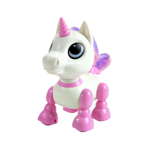 White unicorn electronic pet with large black eyes, pink hooves, and a pink and purple mane, featuring a small pink horn and a smooth plastic body.