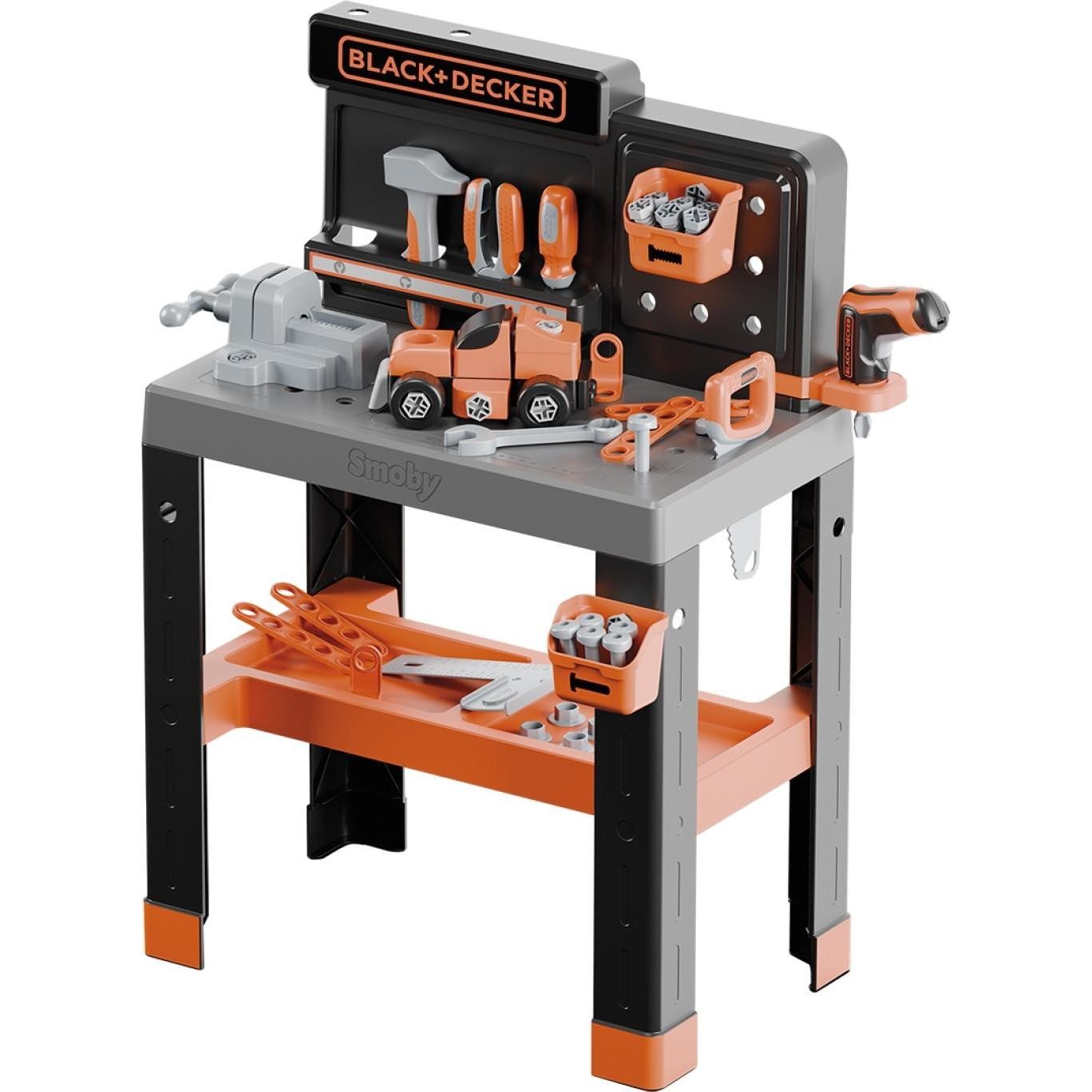 Smoby Black and Decker Bricolo Pro Workbench features a gray and orange design, equipped with tools, a vice, and storage compartments, ideal for imaginative play.