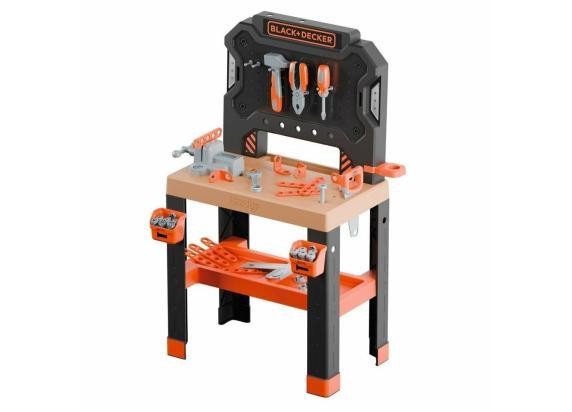 Colorful Smoby Black and Decker Bricolo Workbench featuring a black and orange design, tools, and accessories, with a sturdy wooden-like top and multiple storage compartments.