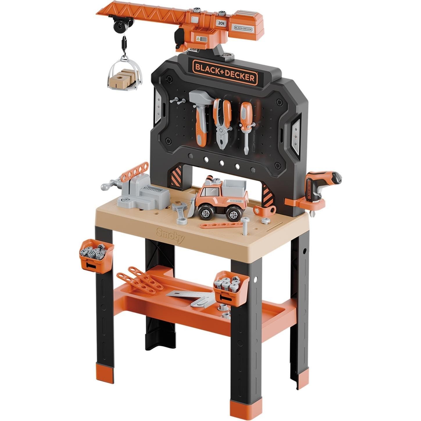 Brightly colored Smoby Black and Decker Builder Workbench features a sturdy black and orange design, tools, a crane, and accessories, ideal for imaginative play.