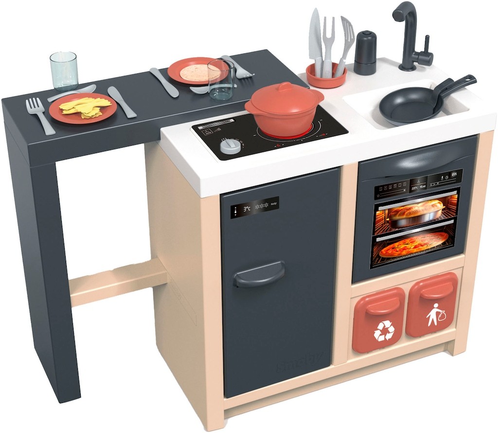 Colorful Smoby Kitchen Island in multi-colors with a black and beige design, featuring a stovetop, oven, sink, utensils, plates, and recycling bins for imaginative play.