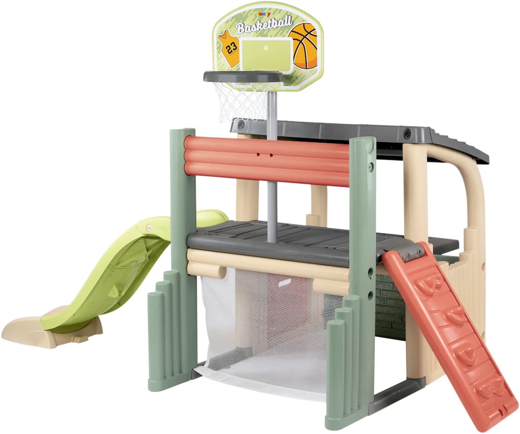 Colorful Smoby Klettergerüst with a green slide, basketball hoop, and climbing features, made of durable plastic, designed for outdoor play.