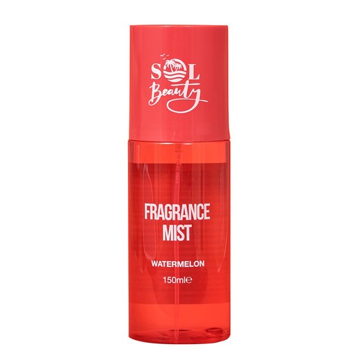 Pink bottle of Sol Beauty Body Spray, featuring a watermelon fragrance, labeled "Fragrance Mist" with a capacity of 150ml, showcasing a sleek, transparent design.