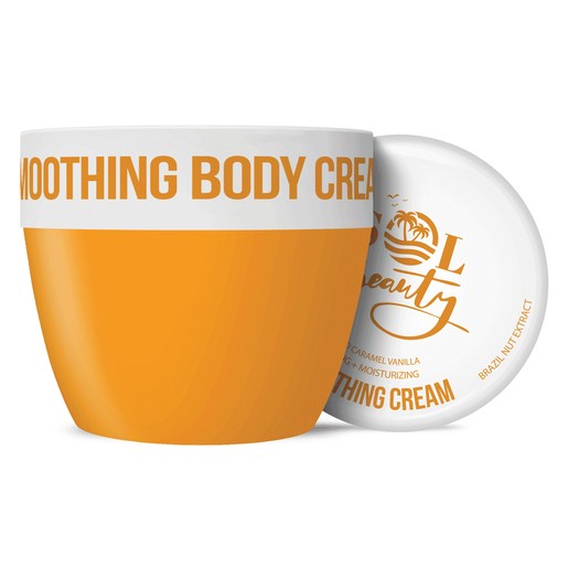 White and orange tub of Sol Beauty Salted Caramel Vanilla Moisturising Body Cream, featuring Brazil nut and buriti extracts, with a smooth, glossy finish and a wide opening.