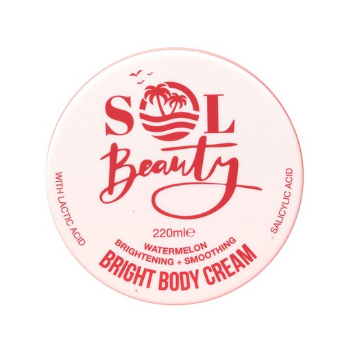 Crimson circular container of Sol Beauty Watermelon Moisturising Body Cream, featuring tropical palm logo, with text highlighting brightening and smoothing properties, 220ml.