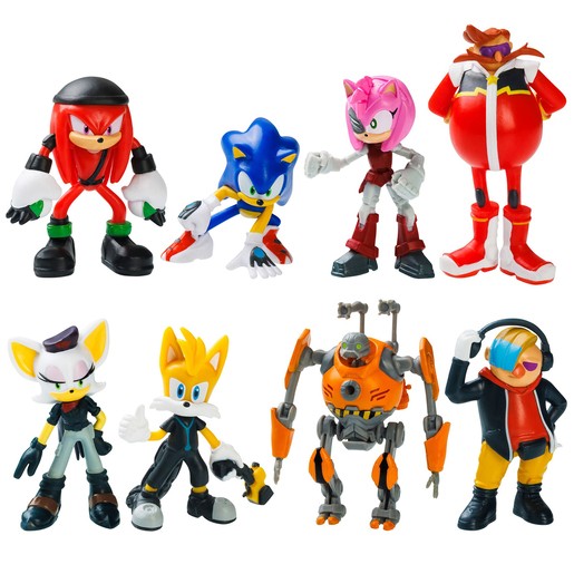 Ten collectible figures from Sonic Prime, featuring colorful characters like Sonic, Knuckles, Tails, and Dr. Eggman, made of durable plastic with varying poses and styles.